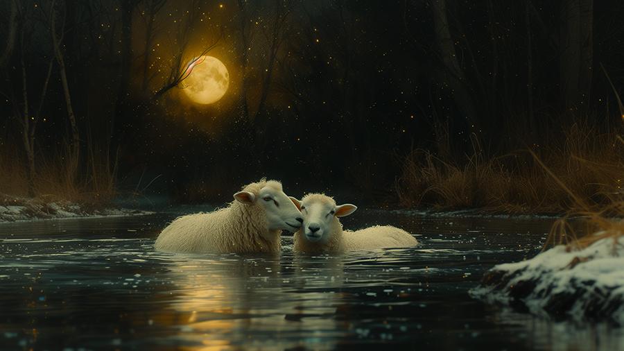 Two sheep in the water under a moonlit night sky
