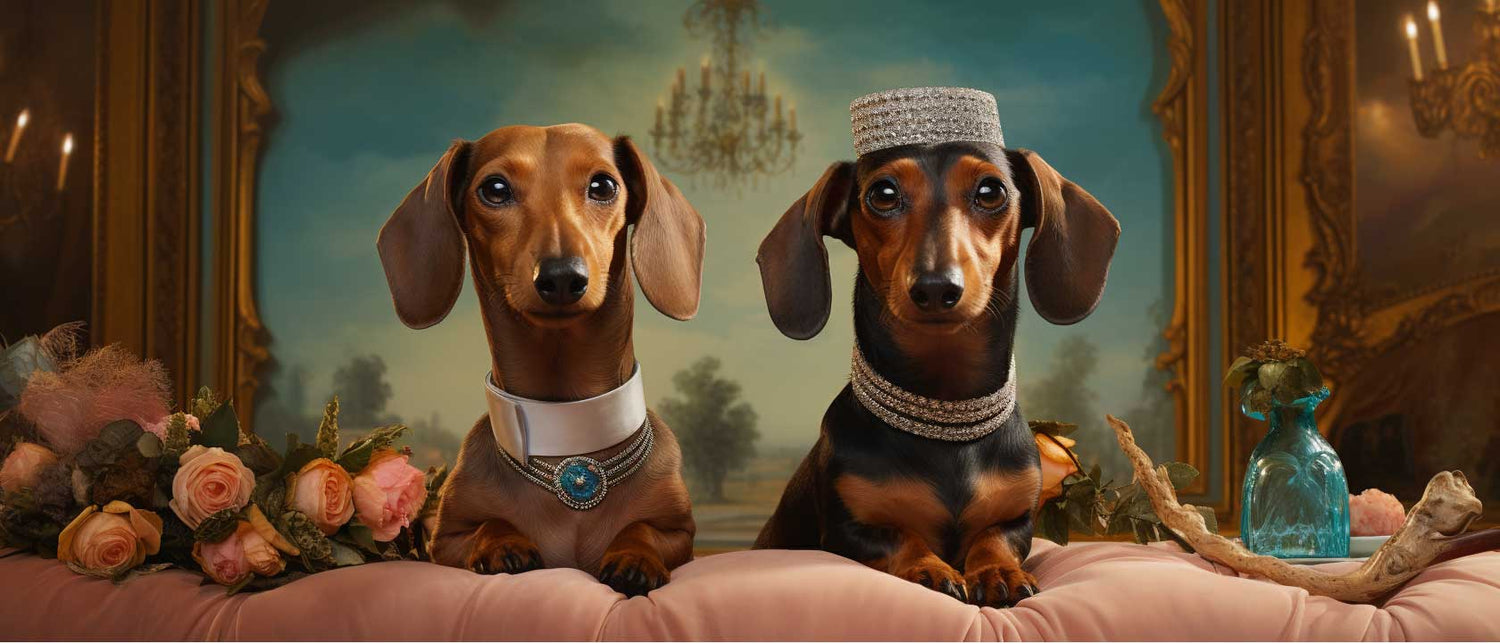 Two elegant dachshunds wearing diamond jewellery recline on a pink velvet cusion