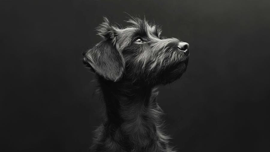 A black and white photograph of a terrier