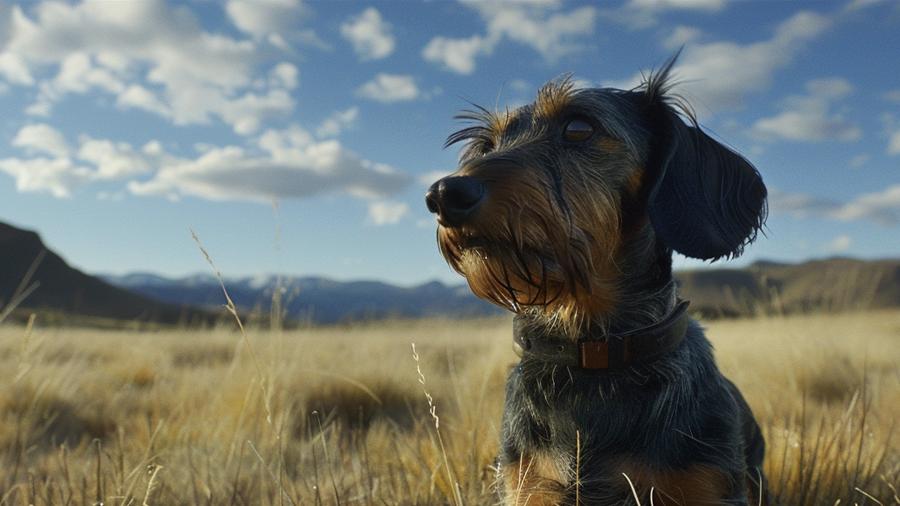 A wire-haired dachshund stands in abroad wild grassland with mountains in the distance